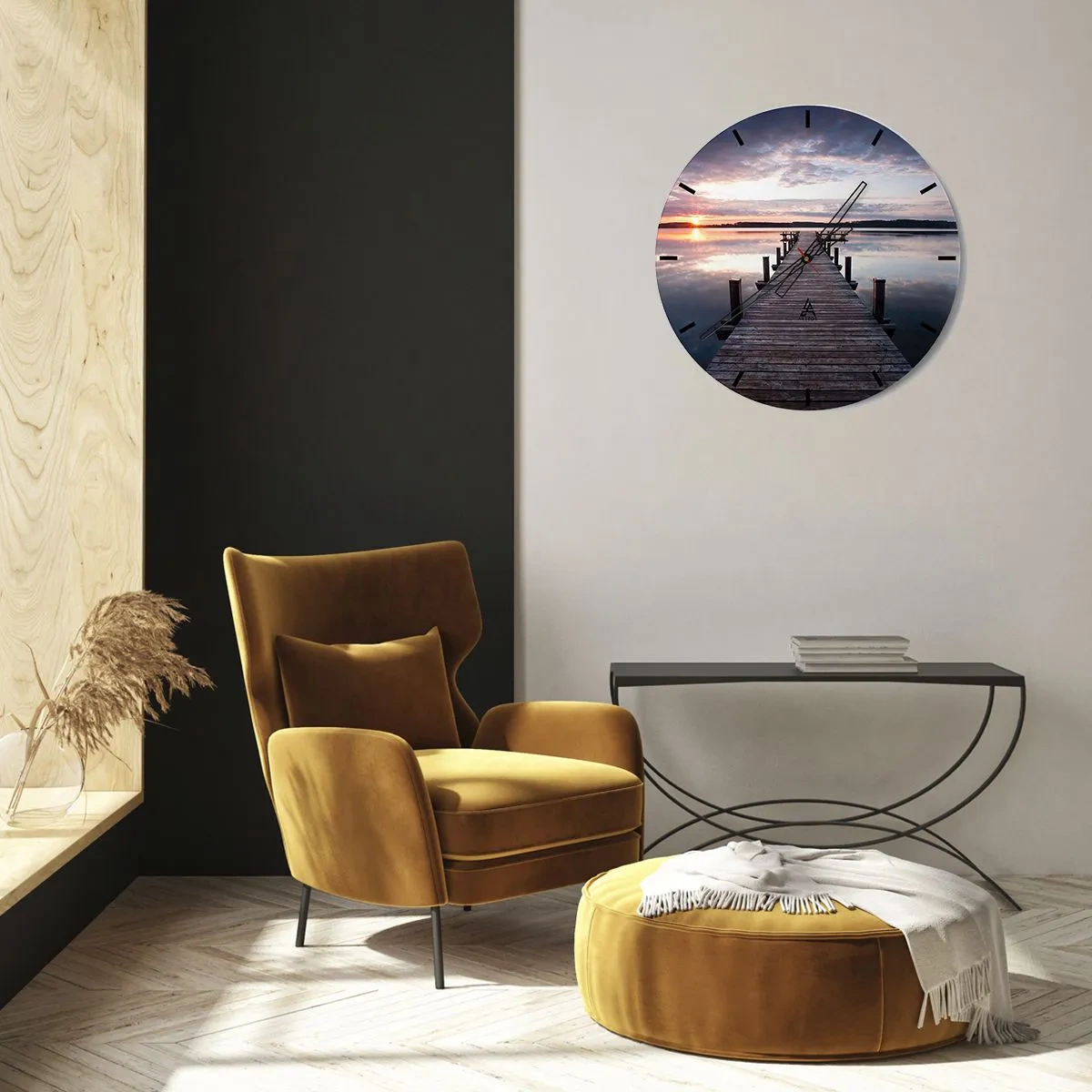 Ceas de perete - Ceas pe sticlă - Debarcader din lemn care duce la lac la apus - 30x30cm - Granița tăcută dintre zi și noapte - Decorațiune modernă pentru perete pentru living, bucătărie și dormitor ARTTOR