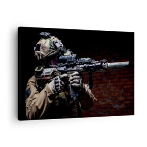 Tablou pe pânză Canvas - Un soldat în echipament complet cu o pușcă - 70x50cm - Eficient mortal - Decorațiune modernă pentru perete pentru living și dormitor ARTTOR
