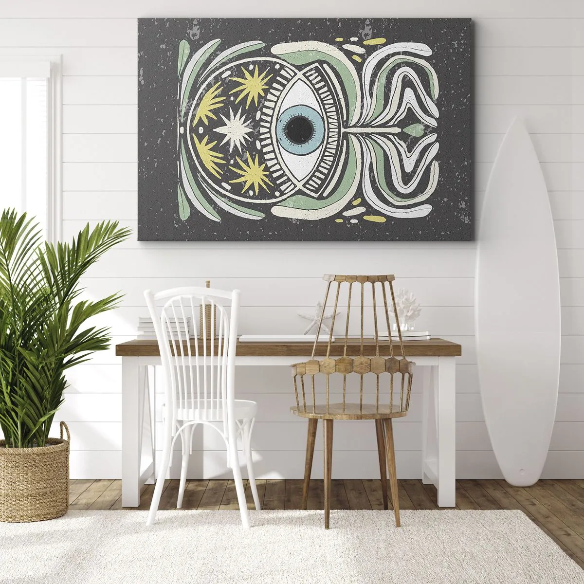 Tablou pe pânză Canvas - Un ochi simbolic înconjurat de modele abstracte - 70x50cm - Ritualuri tribale - Decorațiune modernă pentru perete pentru living și dormitor ARTTOR