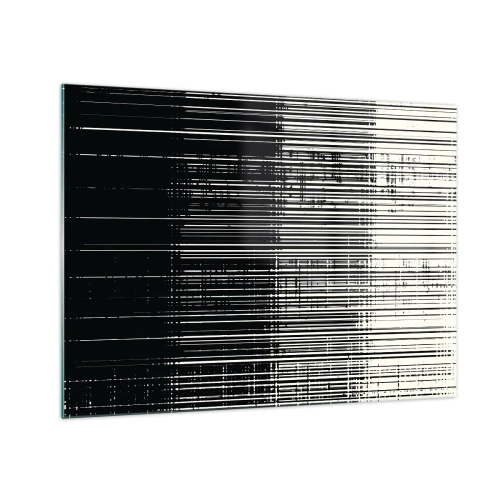 Tablou pe sticlă - Abstracție alb-negru cu linii orizontale care creează un gradient - 70x50cm - Valuri și vibrații - Decorațiune modernă pentru perete pentru living și dormitor ARTTOR