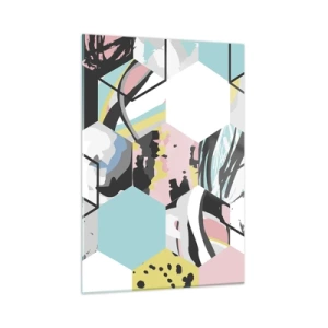 Tablou pe sticlă - Hexagoane și cuburi în șase culori - 50x70 cm