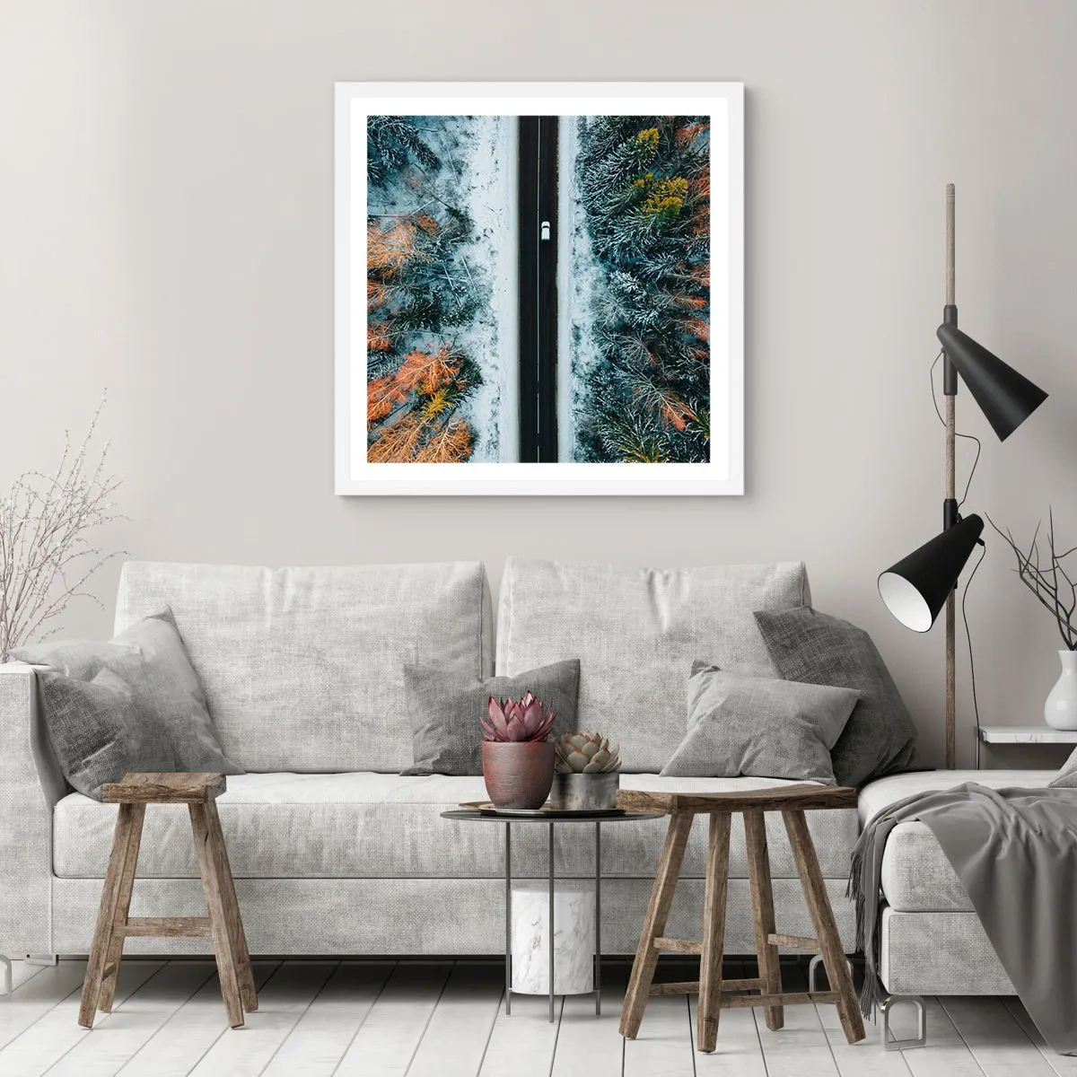 Poster în ramă albă - Prin pădurea de iarnă - 40x40 cm