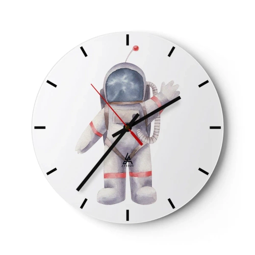 Ceas de perete - Ceas pe sticlă - Ilustrație a unui cosmonaut cu mâna ridicată pe un fundal alb - 30x30cm - Pe curând! - Decorațiune modernă pentru perete pentru living, bucătărie și dormitor ARTTOR