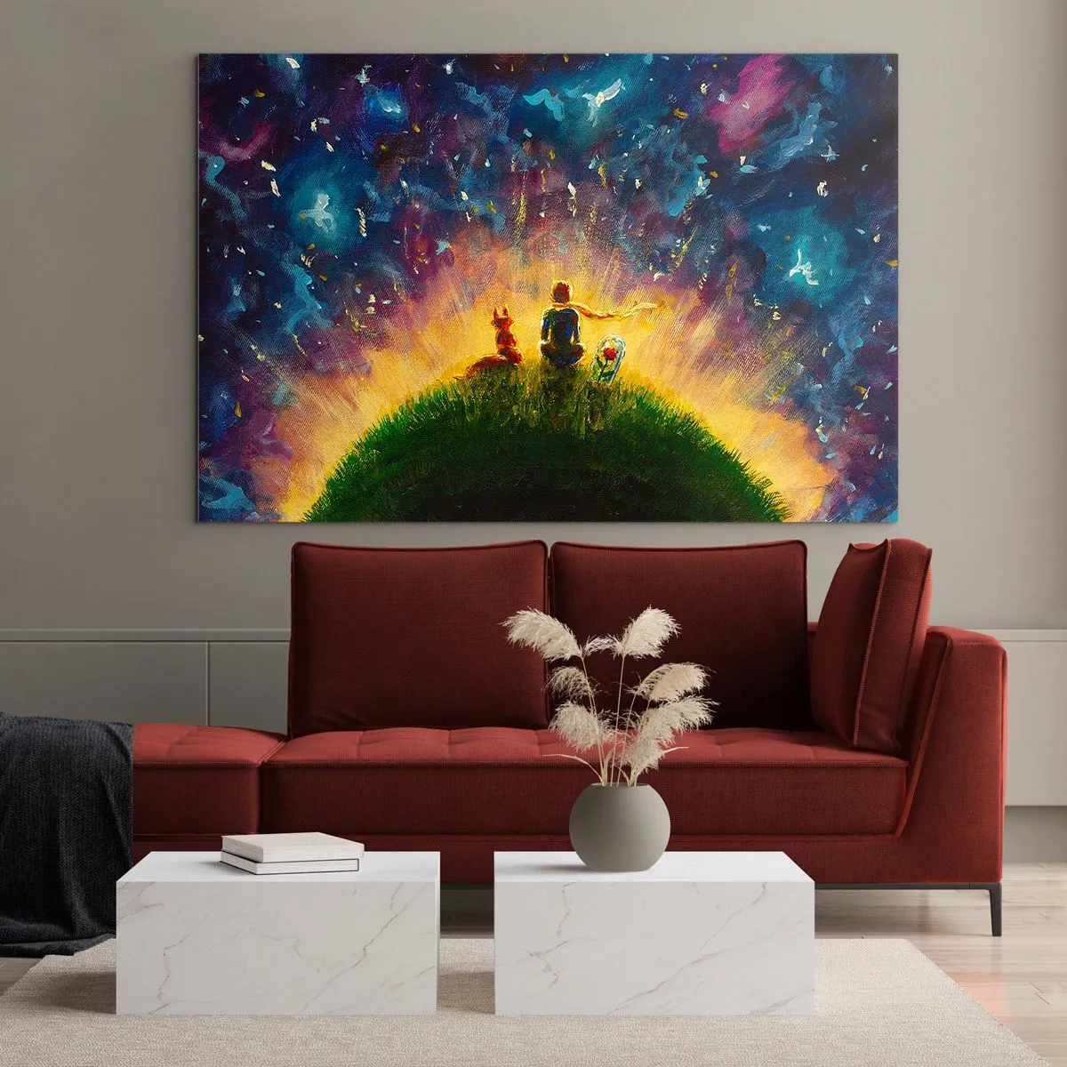 Tablou pe sticlă - O figură cu o vulpe pe o planetă sub un cer înstelat - 70x50cm - Dragoste și prietenie - întreaga lume - Decorațiune modernă pentru perete pentru living și dormitor ARTTOR