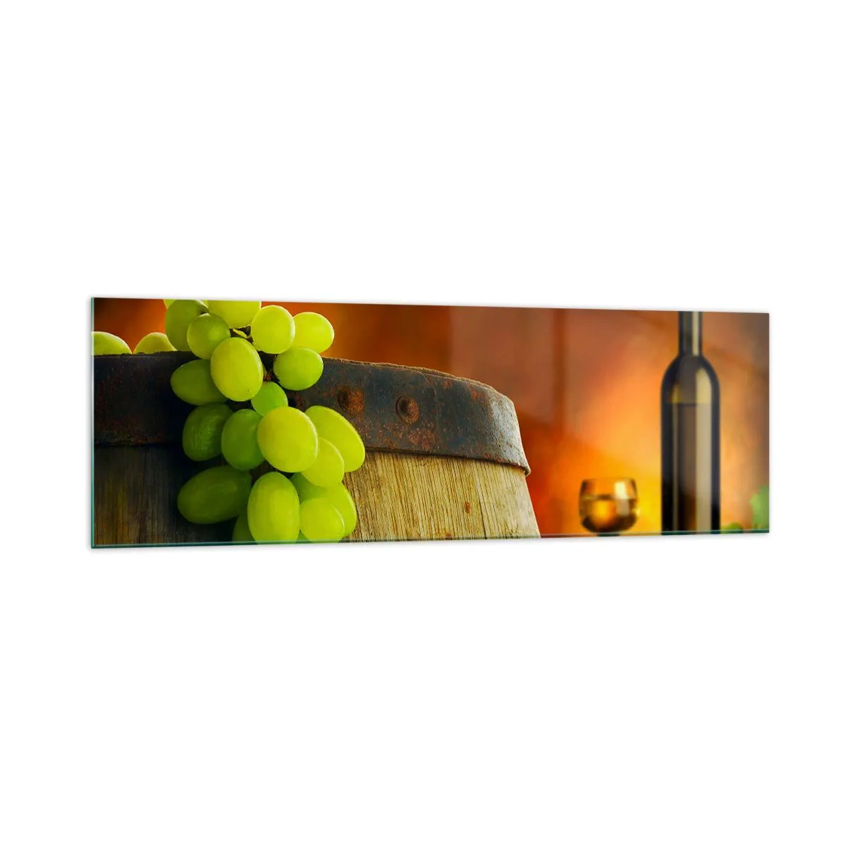 Tablou pe sticlă - Natură moartă cu o sticlă de vin și un ciorchine de struguri - 160x50 cm