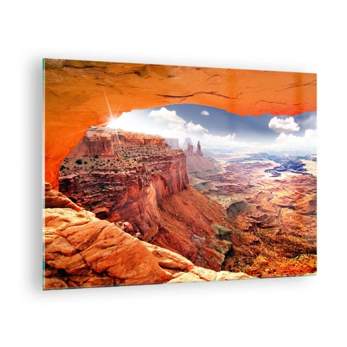 Tablou pe sticlă - Vedere a canionului printr-un arc de stâncă cu raze de soare - 70x50cm - Sculptat de natura însăși - Decorațiune modernă pentru perete pentru living și dormitor ARTTOR