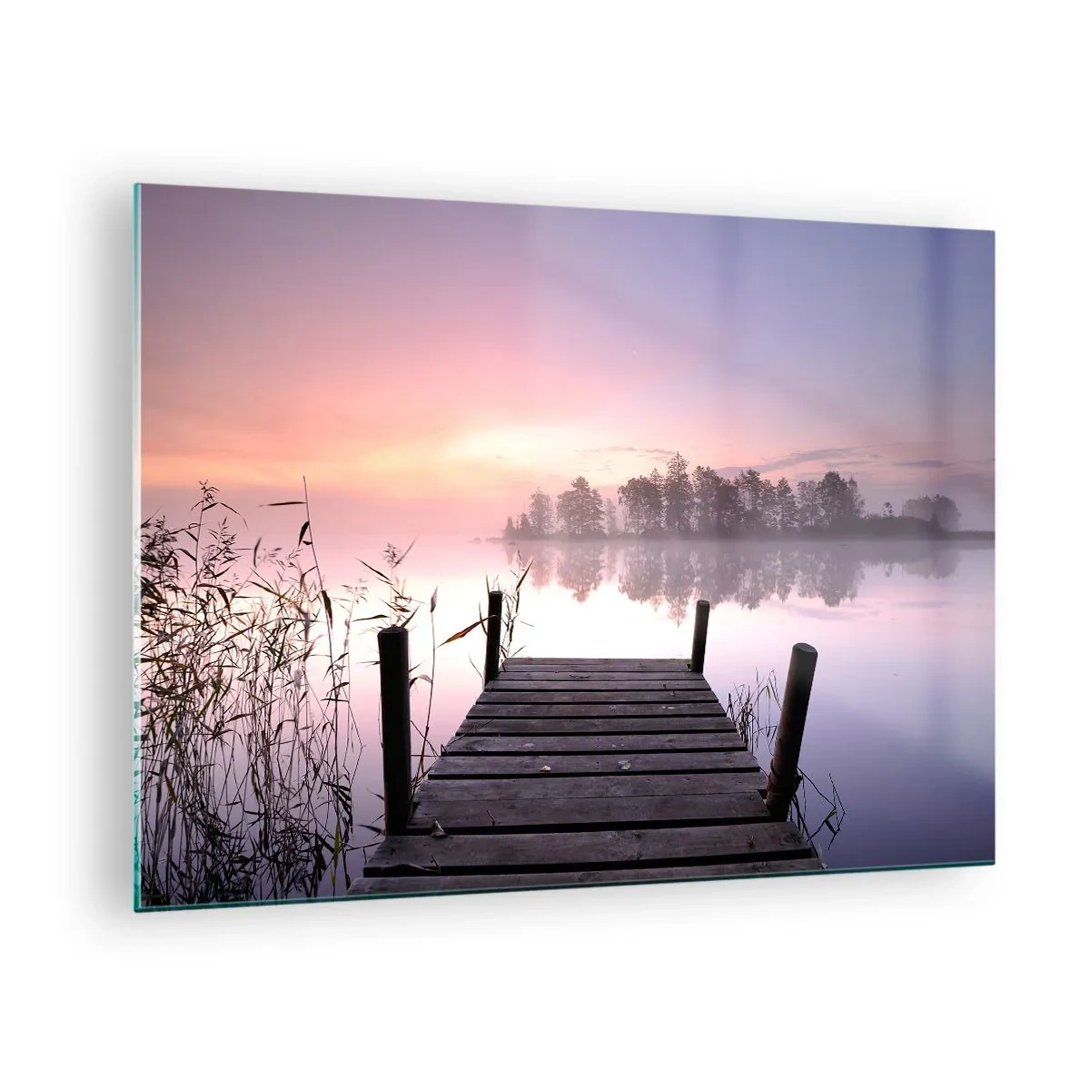 Tablou pe sticlă - Un dig la răsăritul soarelui peste un lac liniștit - 70x50cm - Din ceața de liliac... - Decorațiune modernă pentru perete pentru living și dormitor ARTTOR