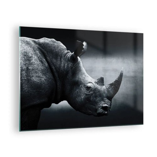 Tablou pe sticlă - Fotografie alb-negru a unui rinocer - 70x50cm - Profil drept - Decorațiune modernă pentru perete pentru living și dormitor ARTTOR