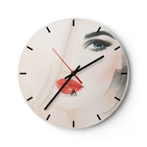 Ceas de perete - Ceas pe sticlă - Portret artistic al unei femei cu buze roșii și ochi albaștri - 30x30cm - Hipnotizează și intoxică - Decorațiune modernă pentru perete pentru living, bucătărie și dormitor ARTTOR