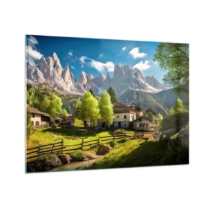 Tablou pe sticlă - Dezvoltare rurală în mijlocul verdeaței la poalele vârfurilor alpine - 70x50cm - Idilă alpină - Decorațiune modernă pentru perete pentru living și dormitor ARTTOR