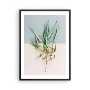 Poster în ramă neagră - O crenguță de eucalipt pe un fundal pastel - 50x70cm - Subtilitate pastelată - Decorațiune modernă pentru perete pentru living și dormitor ARTTOR