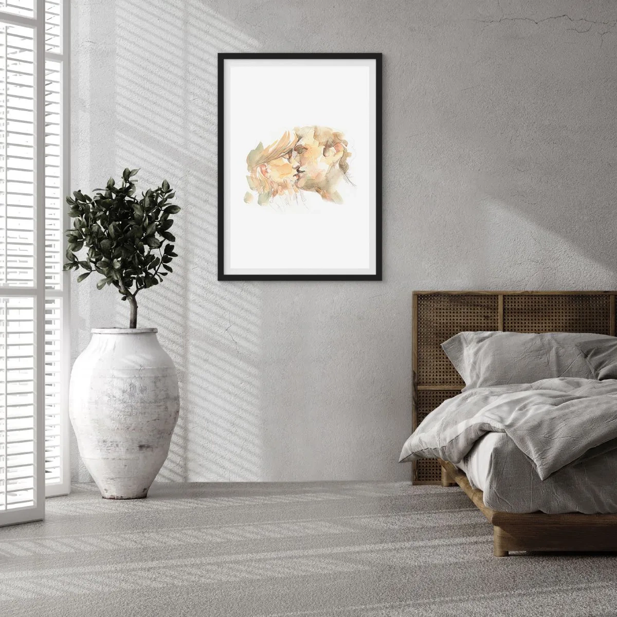 Poster în ramă neagră - Un portret delicat în acuarelă al unui cuplu într-un sărut tandru. - 50x70cm - Jumătatea găsită? - Decorațiune modernă pentru perete pentru living și dormitor ARTTOR