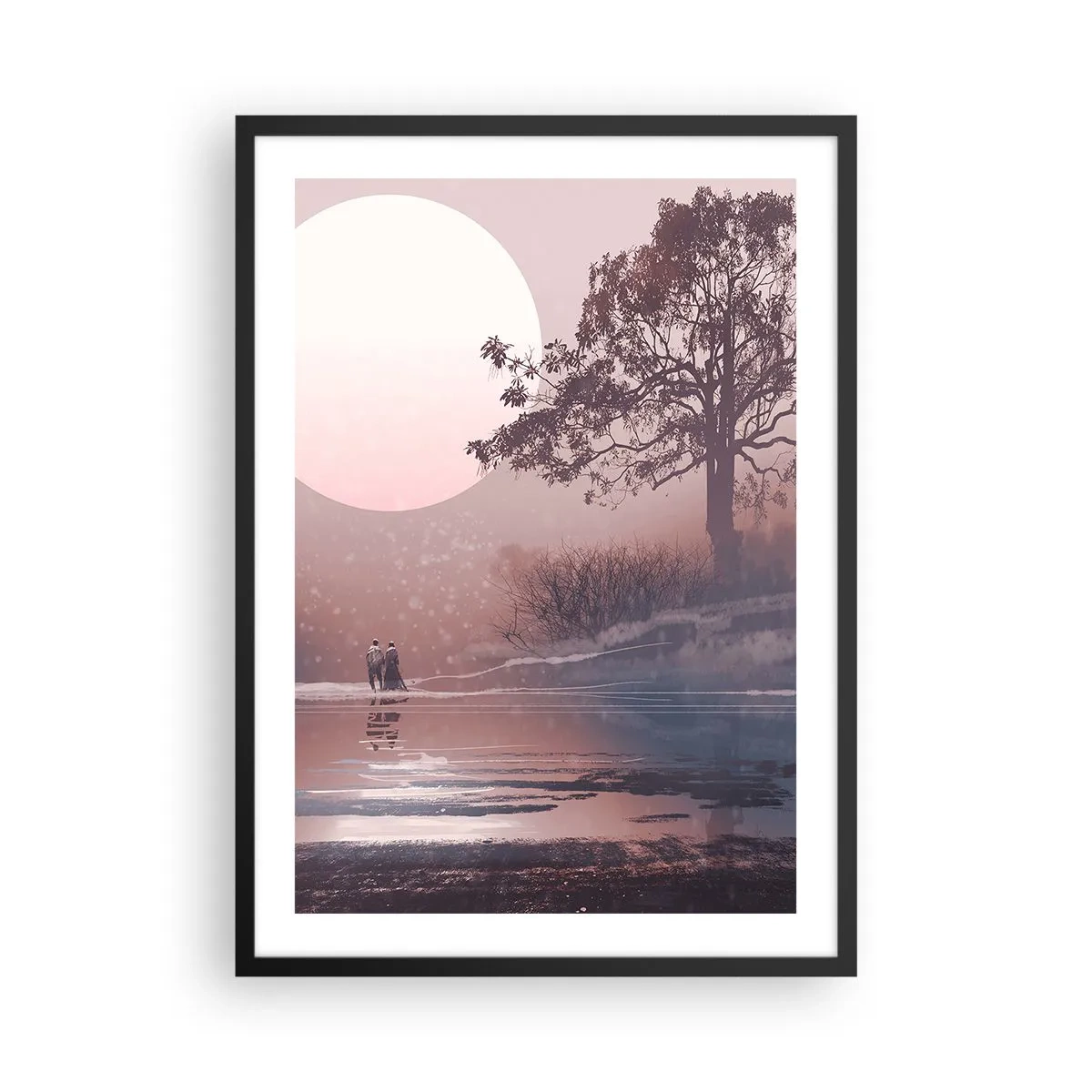 Poster în ramă neagră - Peisaj romantic cu lună și un copac lângă apă - 50x70cm - Minuni nocturne - Decorațiune modernă pentru perete pentru living și dormitor ARTTOR