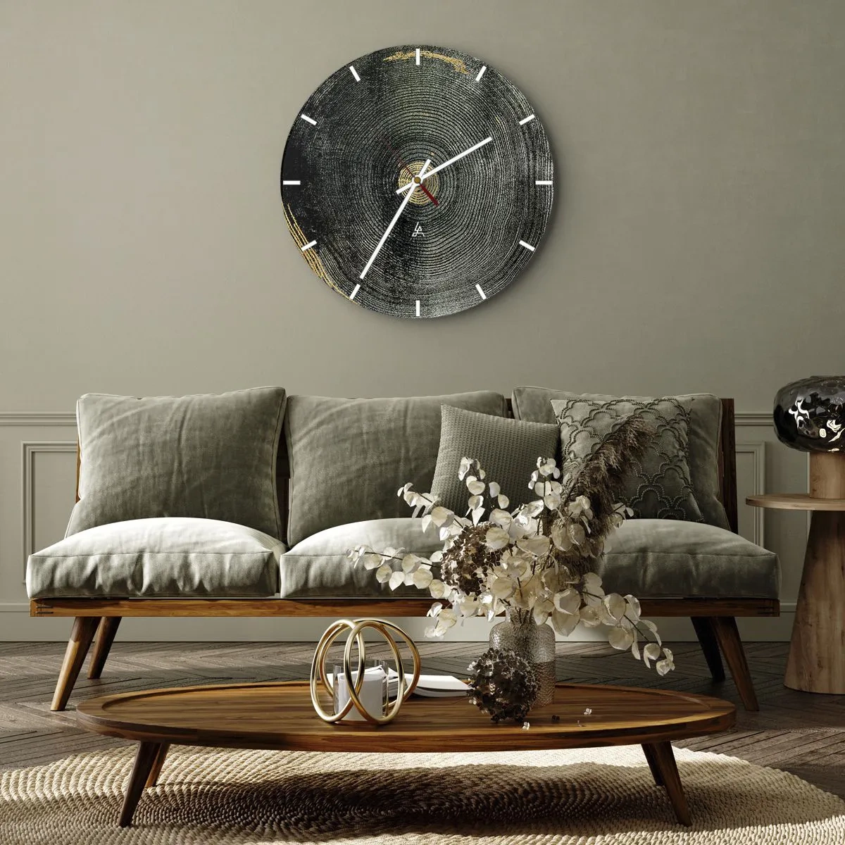 Ceas de perete - Ceas pe sticlă - Structură cu aspect de lemn și accente subtile aurii - 30x30cm - Schimbare și persistență - Decorațiune modernă pentru perete pentru living, bucătărie și dormitor ARTTOR