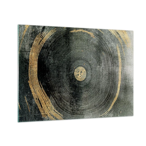 Tablou pe sticlă - Secțiune transversală a unui trunchi de copac cu detalii și accente aurii - 70x50cm - Schimbare și persistență - Decorațiune modernă pentru perete pentru living și dormitor ARTTOR