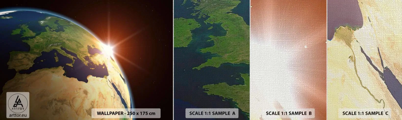 Mostră tapet Premium Canvas - Răsărit de soare - Cosmos, Glob, Continente - 100x30 cm