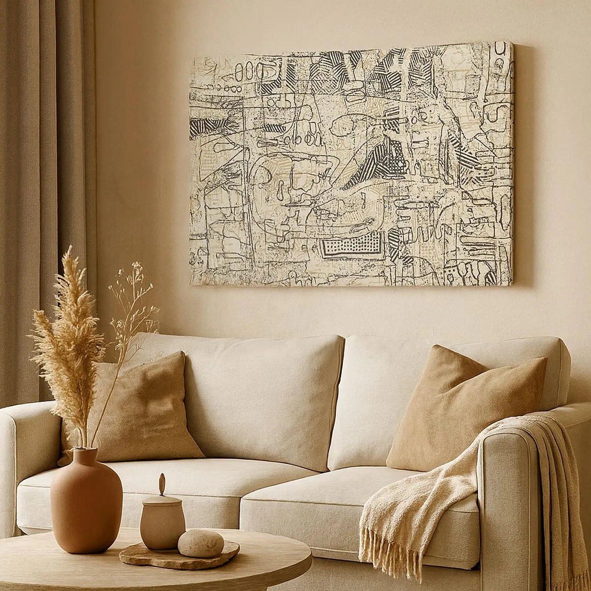 Tablou pe pânză Canvas - Modele și linii abstracte pe un fundal bej - 70x50cm - Așteaptă să fie descifrat - Decorațiune modernă pentru perete pentru living și dormitor ARTTOR