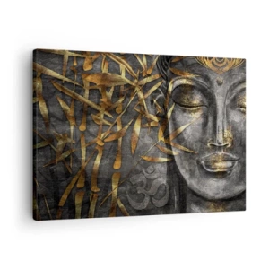 Tablou pe pânză Canvas - Imagine Zen a lui Buddha cu bambus auriu - 70x50cm - Simțiți pacea - Decorațiune modernă pentru perete pentru living și dormitor ARTTOR