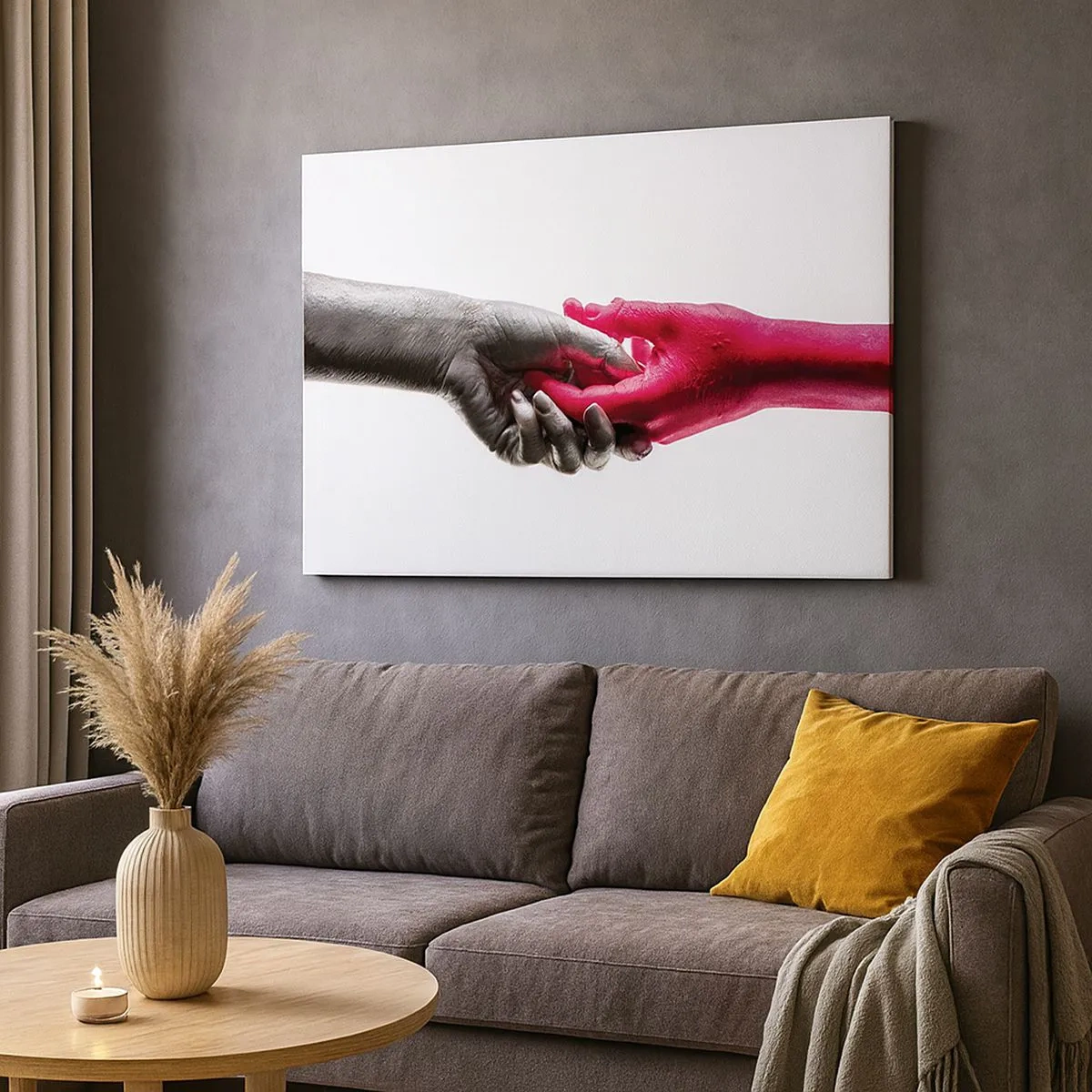 Tablou pe pânză Canvas - Mâini simbolice în argintiu și roșu - 70x50cm - Împreună, deși diferiți - Decorațiune modernă pentru perete pentru living și dormitor ARTTOR