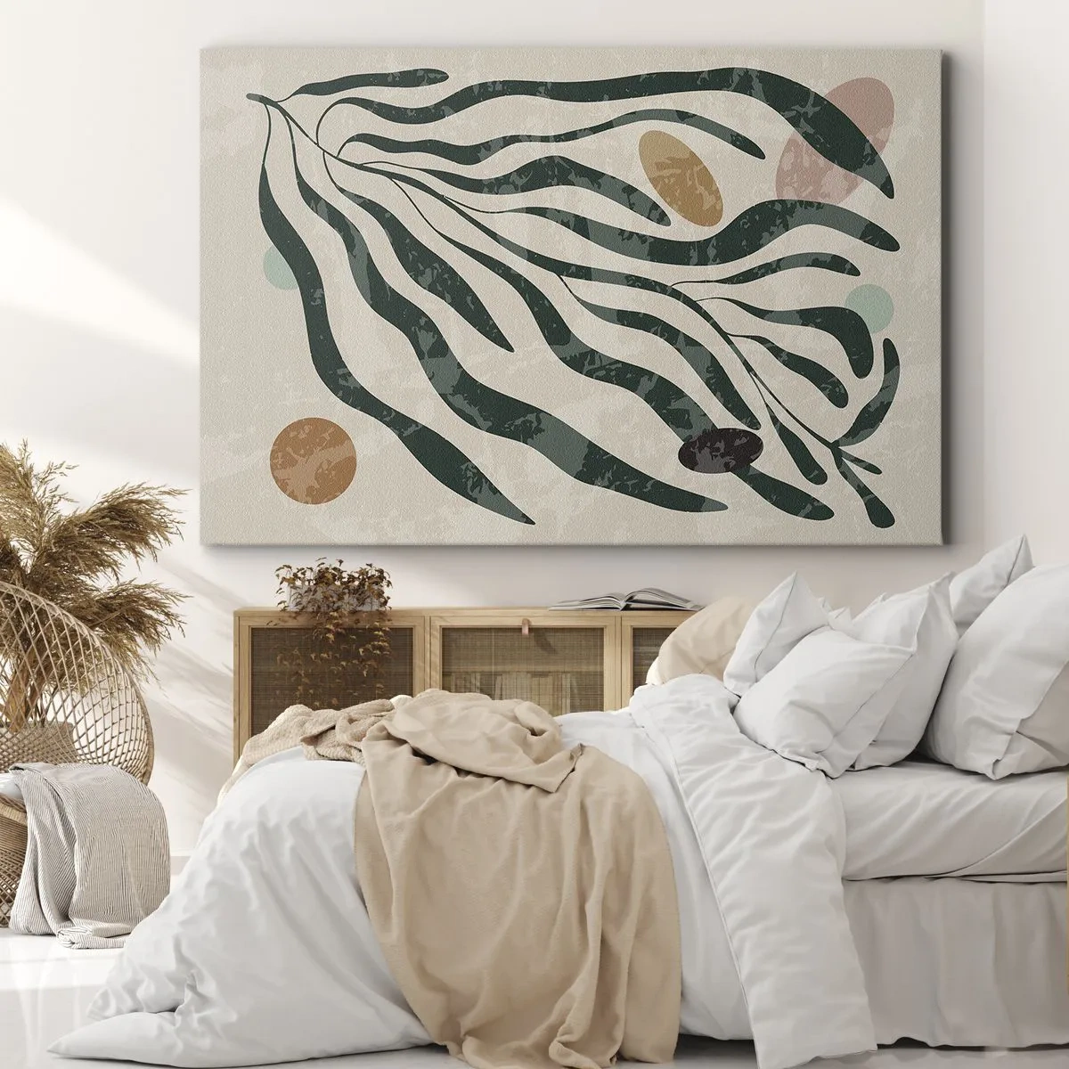 Tablou pe pânză Canvas - Linii și forme organice în verde și bej - 70x50cm - În mijlocul vegetației - Decorațiune modernă pentru perete pentru living și dormitor ARTTOR