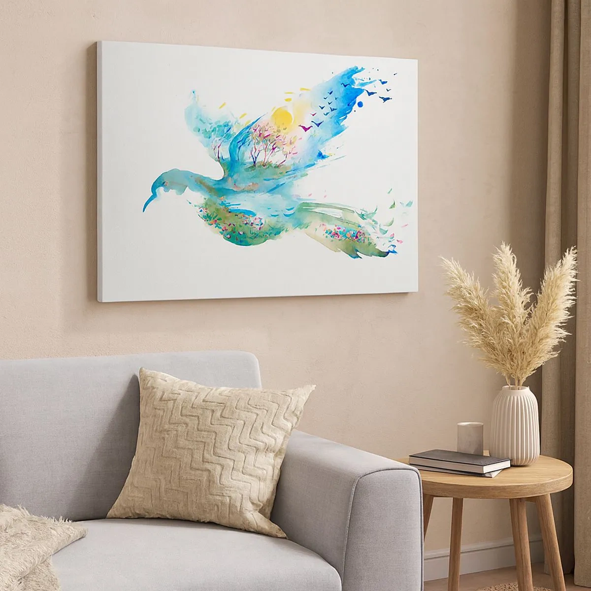 Tablou pe pânză Canvas - Compoziție în acuarelă a unei păsări cu elemente din natură - 70x50cm - Pe aripile naturii - Decorațiune modernă pentru perete pentru living și dormitor ARTTOR