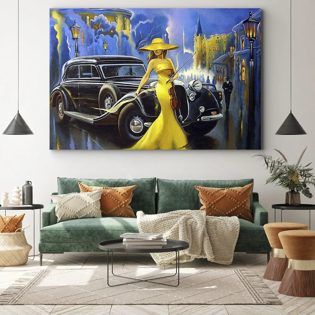 Tablou pe pânză Canvas - O femeie într-o rochie galbenă cu o vioară lângă o mașină retro. - 70x50cm - Nocturne pentru vioară și dragoste - Decorațiune modernă pentru perete pentru living și dormitor ARTTOR