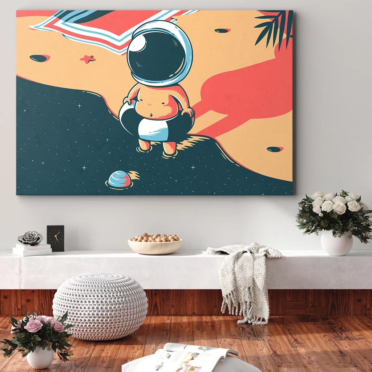 Tablou pe pânză Canvas - Astronaut amuzant pe plajă cu elemente spațiale în fundal - 70x50cm - Dintr-o perspectivă diferită - Decorațiune modernă pentru perete pentru living și dormitor ARTTOR