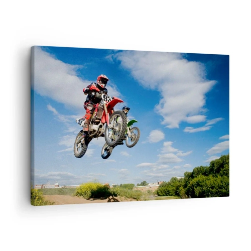 Tablou pe pânză Canvas - Motocrosseri în aer în timpul unei sărituri - 70x50cm - Salt în cer - Decorațiune modernă pentru perete pentru living și dormitor ARTTOR