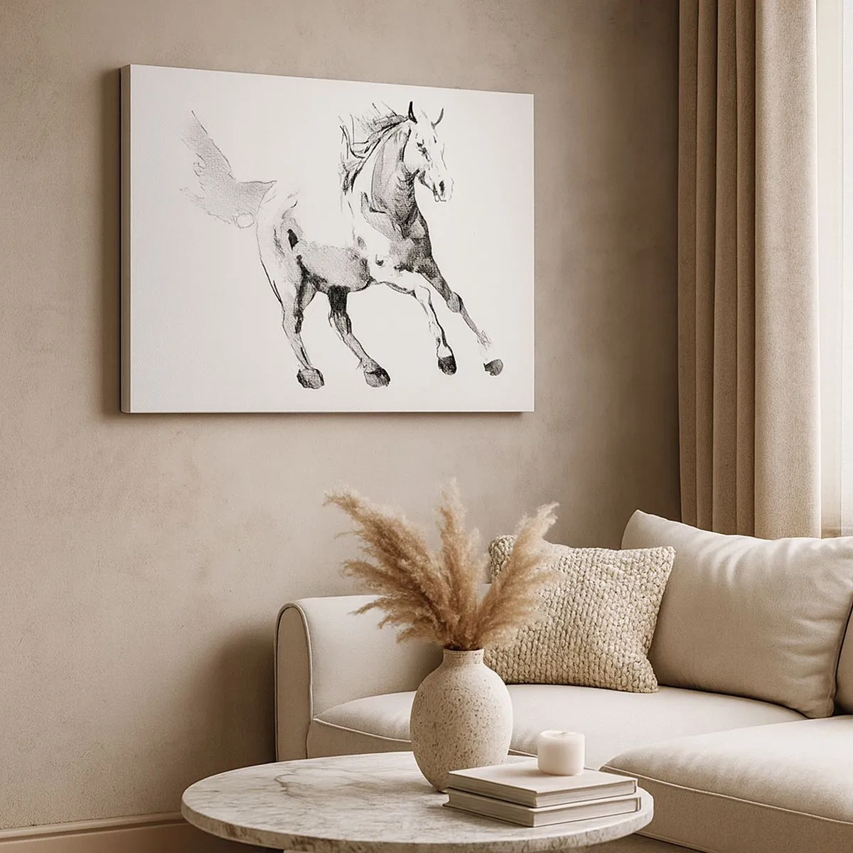 Tablou pe pânză Canvas - Schiță a unui cal în galop în nuanțe de alb și negru - 70x50cm - Suflet neîmblânzit - Decorațiune modernă pentru perete pentru living și dormitor ARTTOR