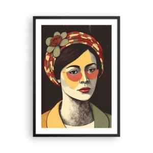 Poster în ramă neagră - Portret stilizat al unei femei într-un turban cu accent floral - 50x70cm - Doamna coral - Decorațiune modernă pentru perete pentru living și dormitor ARTTOR