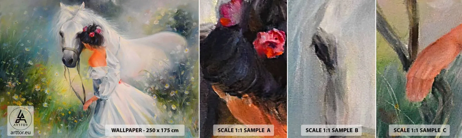 Mostră de Tapet Standard Eco - Ca dintr-un vis frumos - Femeie, Cal, luncă - 100x30 cm