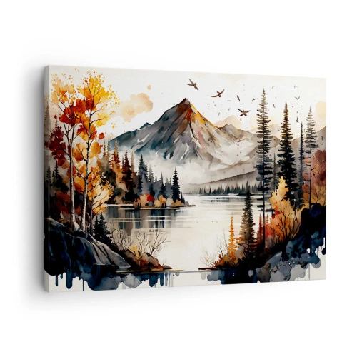 Tablou pe pânză Canvas - Peisaj montan de toamnă cu lac și copaci în acuarelă - 70x50cm - Toamna de aur în munți - Decorațiune modernă pentru perete pentru living și dormitor ARTTOR