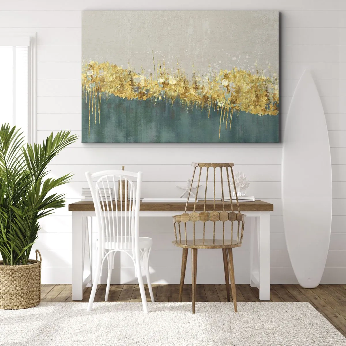 Tablou pe pânză Canvas - Accente aurii pe un fundal verde-bej - 70x50cm - Frontiera de aur - Decorațiune modernă pentru perete pentru living și dormitor ARTTOR