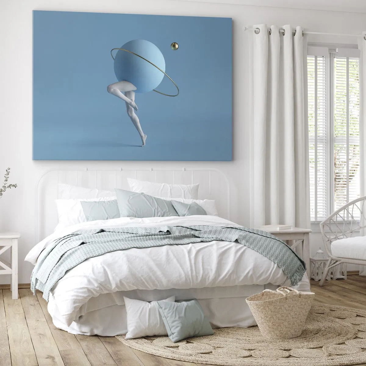 Tablou pe pânză Canvas - O sferă albastră cu o orbită și picioare umane pe cer - 70x50cm - Și planetele o iau razna - Decorațiune modernă pentru perete pentru living și dormitor ARTTOR