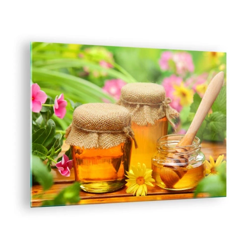 Tablou pe sticlă - Borcane de miere pe un fundal de flori în grădină - 70x50cm - Dulce și florală - Decorațiune modernă pentru perete pentru living și dormitor ARTTOR