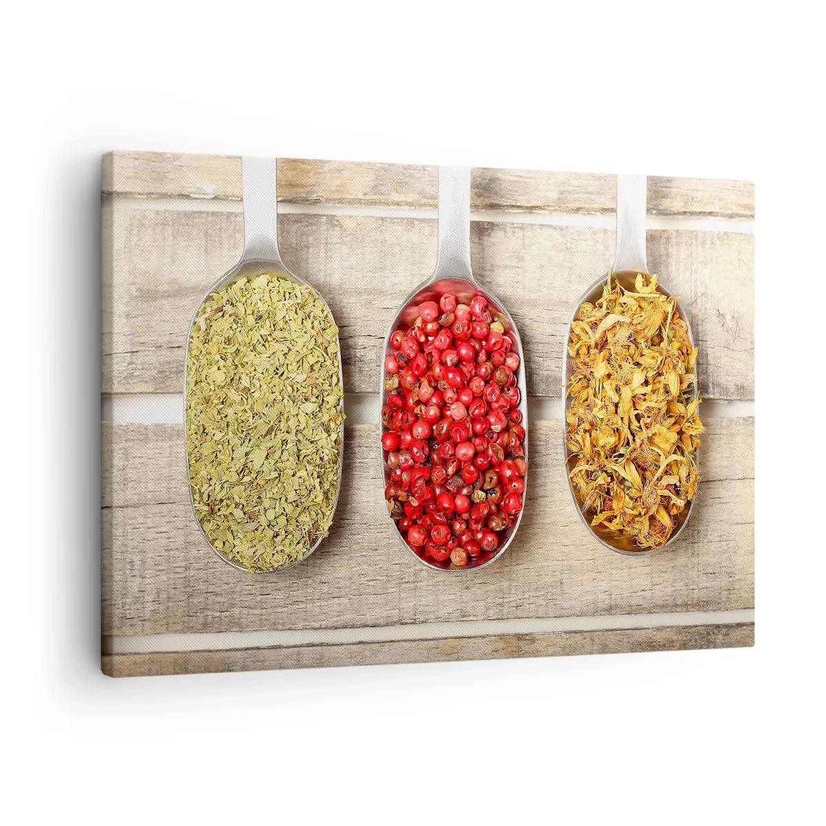 Tablou pe pânză Canvas - Trei linguri metalice cu condimente pe un fundal de lemn - 70x50cm - Magia bucătăriei - Decorațiune modernă pentru perete pentru living și dormitor ARTTOR