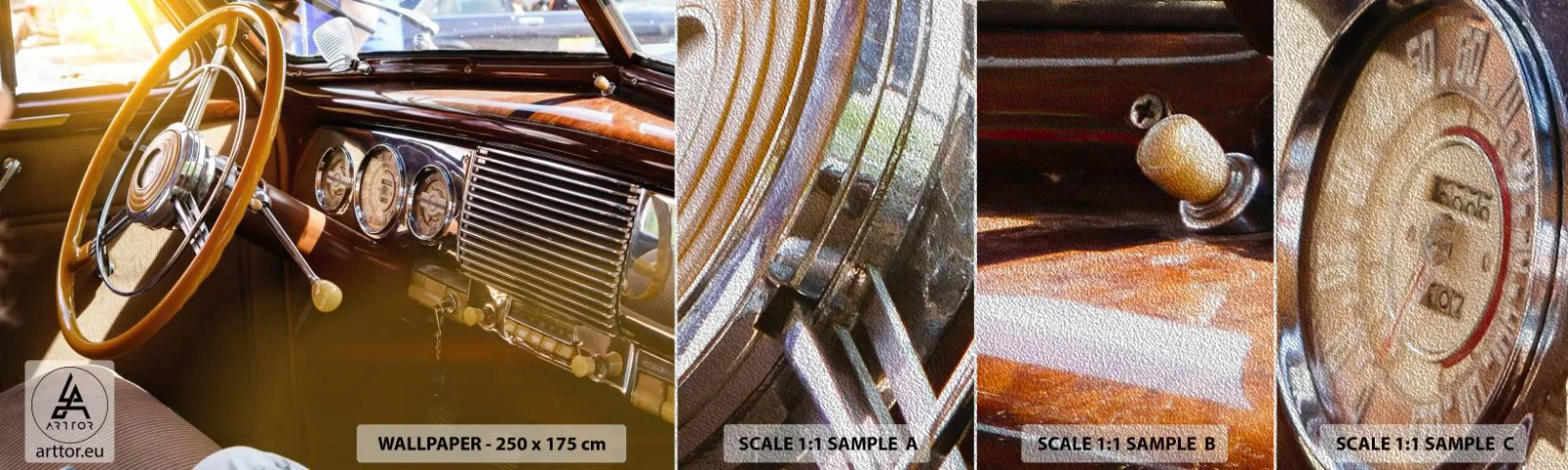 Mostră tapet Premium Sand - O adiere de lux din trecut - Mașină de epocă, Automobile, Bord - 100x30 cm