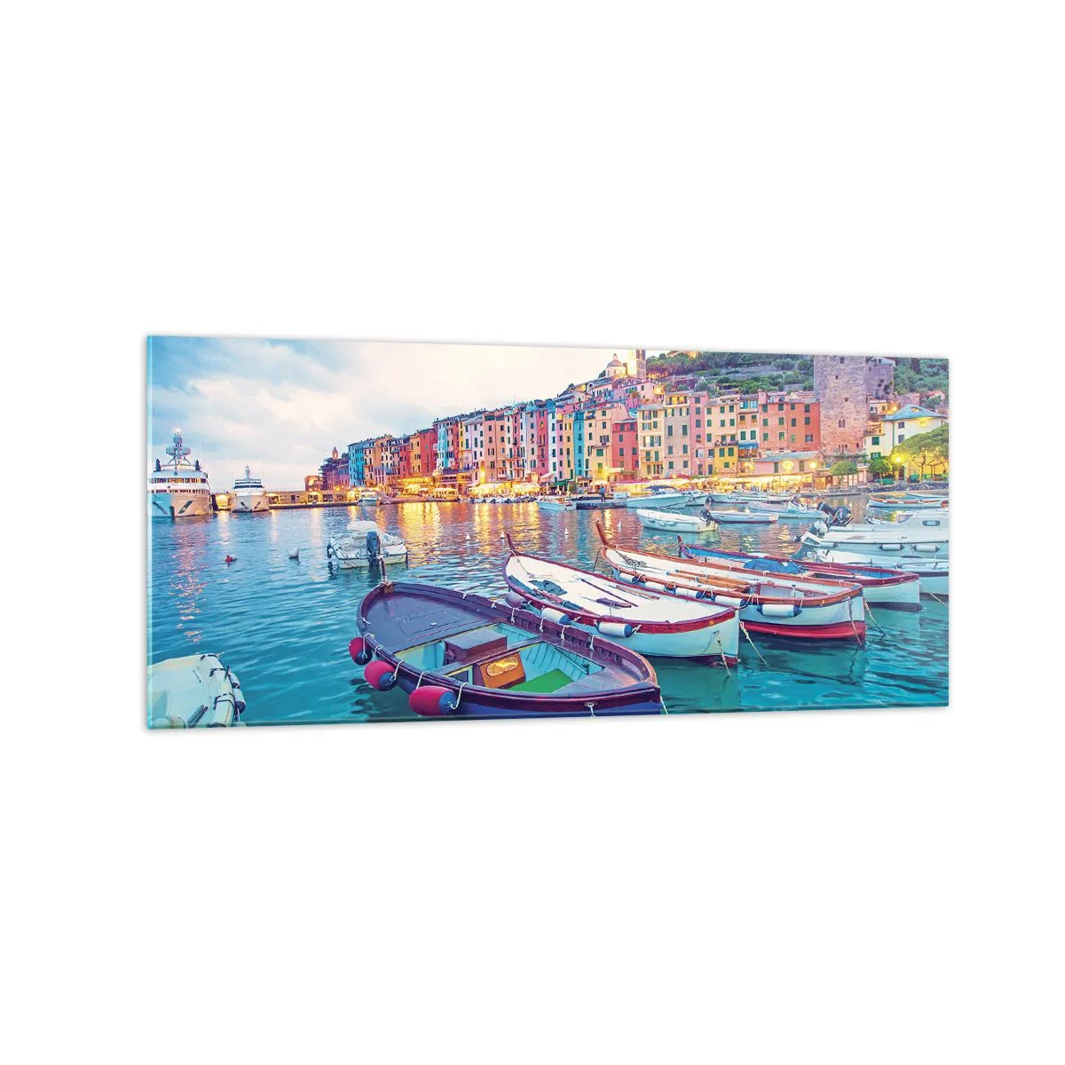 Tablou pe sticlă - O seară plină de culoare în port - 120x50 cm