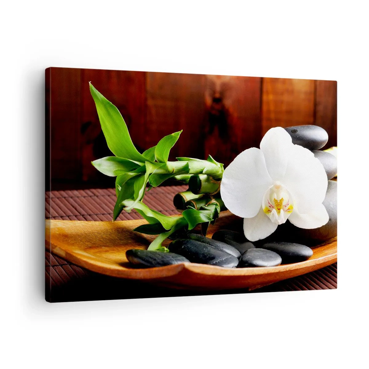 Tablou pe pânză Canvas - Orhidee albă cu bambus pe un fundal de piatră în stil Zen - 70x50cm - Lasă natura să te atingă - Decorațiune modernă pentru perete pentru living și dormitor ARTTOR