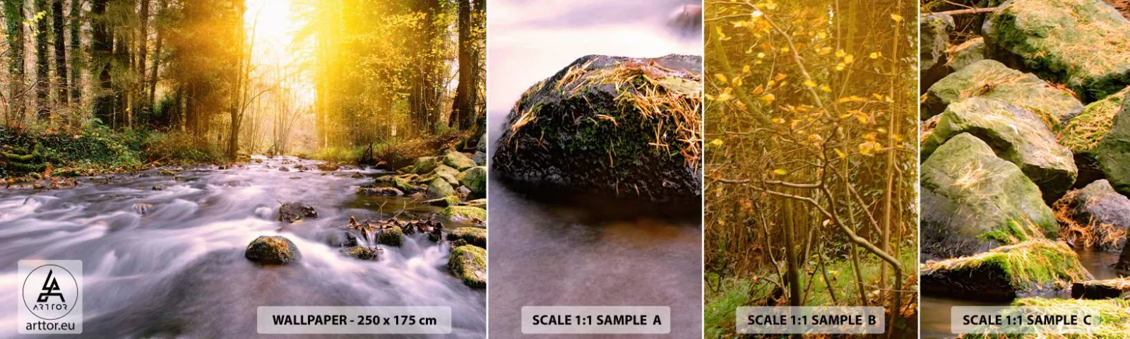 Mostră de Tapet Standard Eco - Malachit în rame de argint și aur - Peisaj, Pârâu de munte, pădure - 100x30 cm