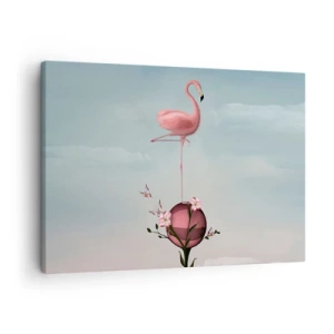 Tablou pe pânză Canvas - Un flamingo roz echilibrându-se pe un glob de flori - 70x50cm - Alegoria mingii de baschet - Decorațiune modernă pentru perete pentru living și dormitor ARTTOR