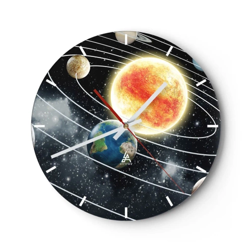 Ceas de perete - Ceas pe sticlă - Sistemul solar cu Soarele și orbitele planetare vizibile - 30x30cm - Dans cosmic - Decorațiune modernă pentru perete pentru living, bucătărie și dormitor ARTTOR
