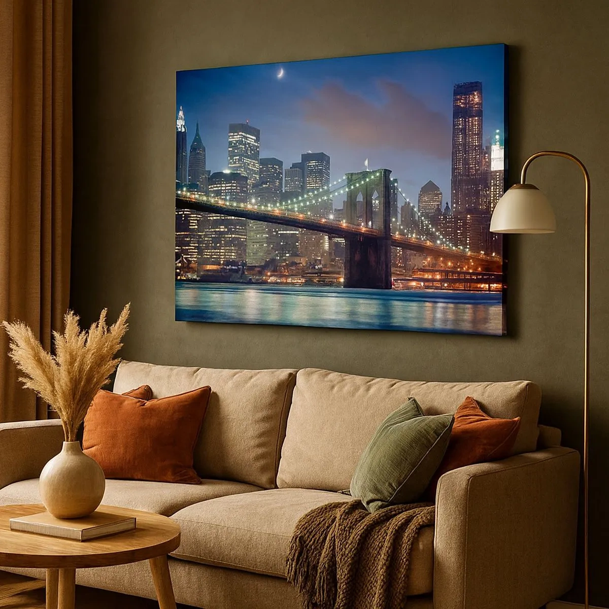 Tablou pe pânză Canvas - Podul orașului New York noaptea cu clădiri iluminate - 70x50cm - Noaptea iluminată - Decorațiune modernă pentru perete pentru living și dormitor ARTTOR