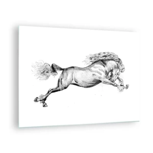 Tablou pe sticlă - Desen alb-negru al unui cal în galop - 70x50cm - Oprit din galop - Decorațiune modernă pentru perete pentru living și dormitor ARTTOR