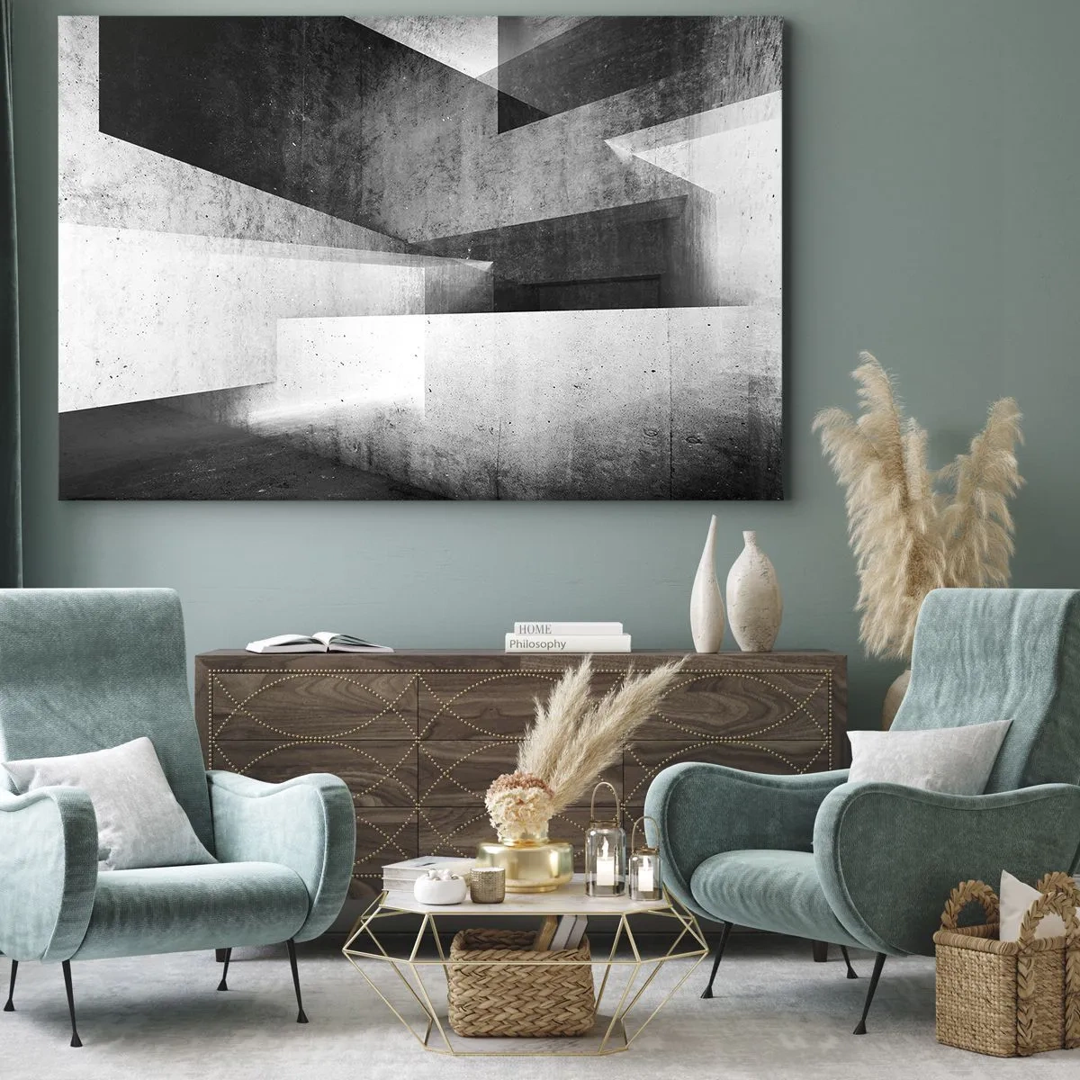 Tablou pe pânză Canvas - Forme geometrice într-o compoziție monocromatică - 70x50cm - Structura spațiului - Decorațiune modernă pentru perete pentru living și dormitor ARTTOR