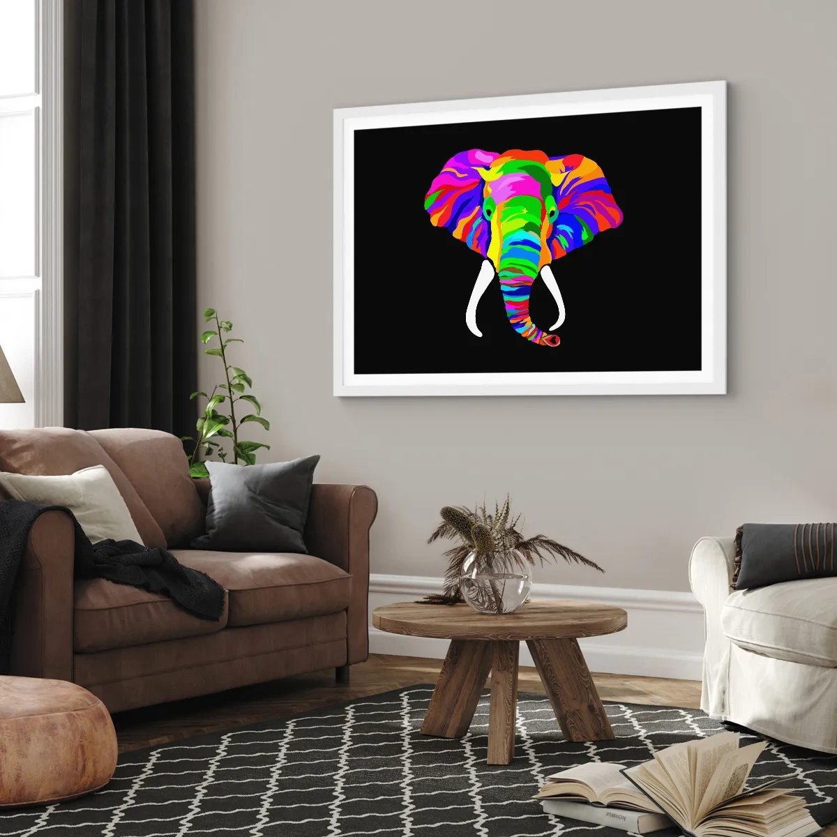 Poster în ramă albă - Elefantul căruia îi plăcea să se scalde în curcubeu - 70x50 cm
