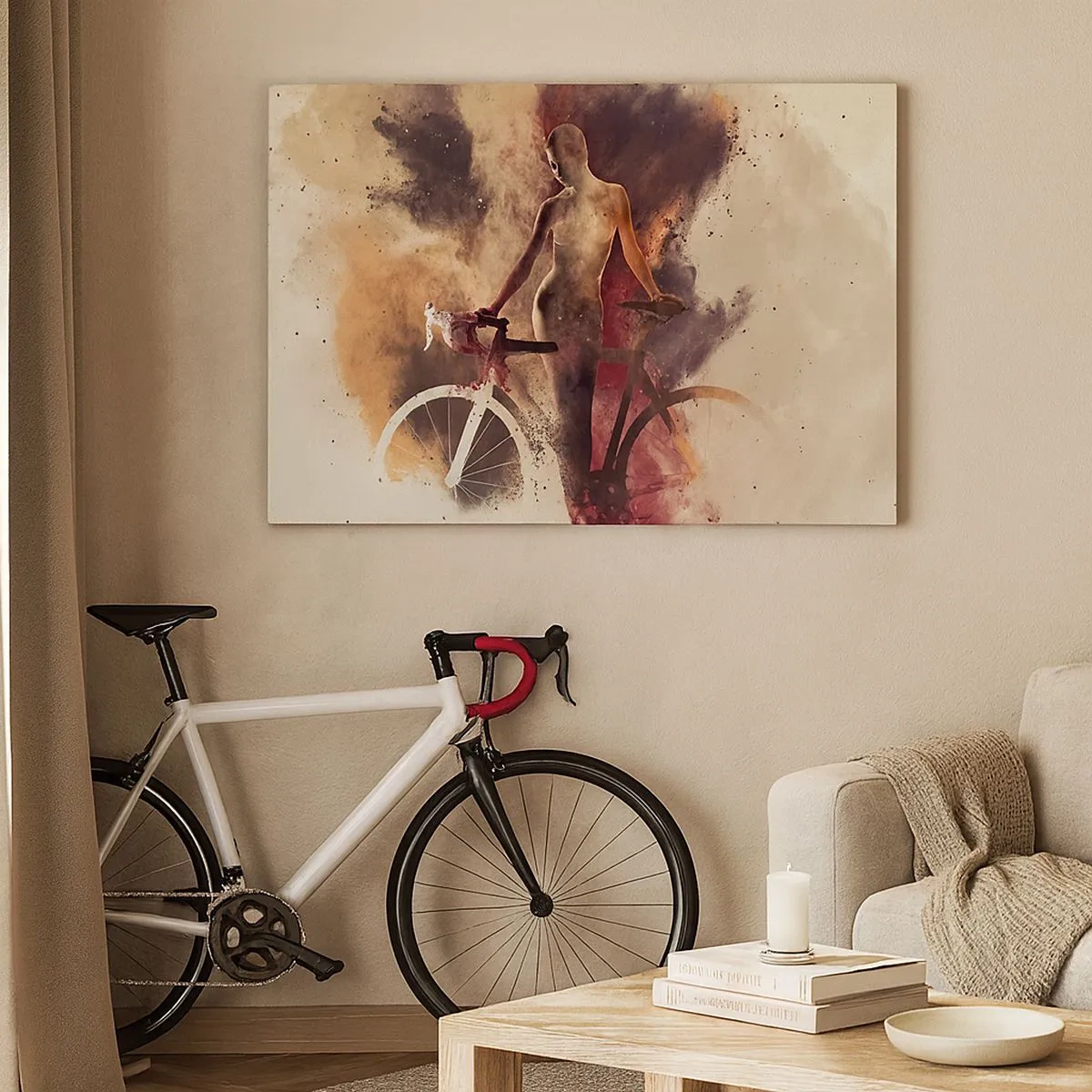 Tablou pe pânză Canvas - Siluetă abstractă cu o bicicletă într-un stil artistic - 70x50cm - În forme de marmură sufletul ciclist - Decorațiune modernă pentru perete pentru living și dormitor ARTTOR