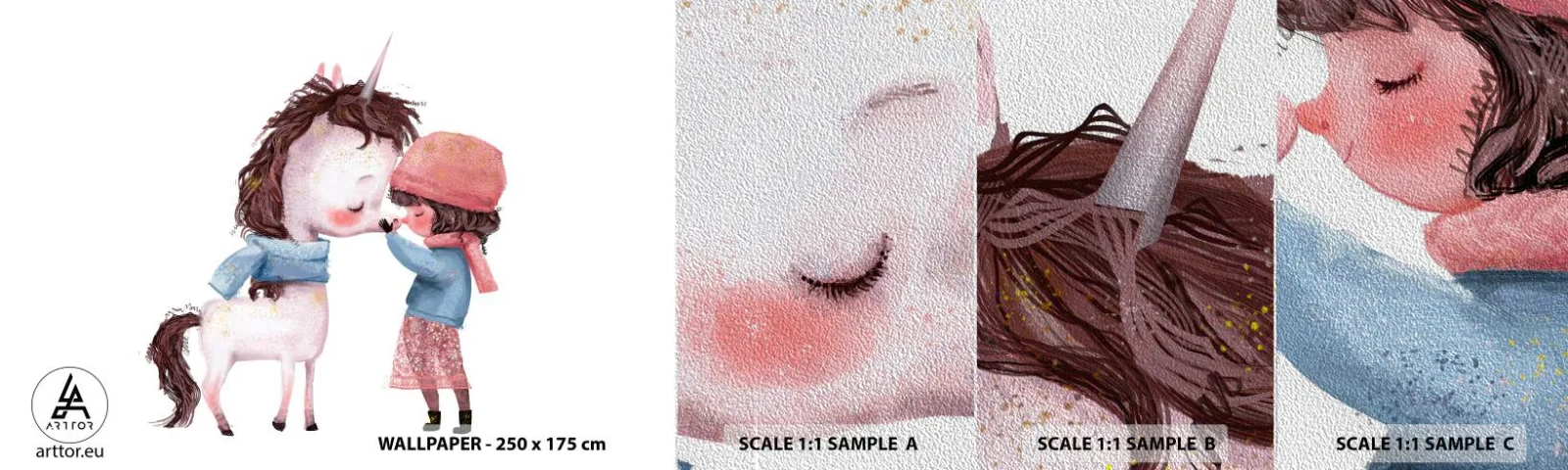 Mostră tapet Premium Sand - O poveste de iarnă - Pentru copii, Inorog, Fată - 100x30 cm