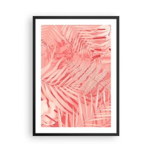 Poster în ramă neagră - Ferigă roz și frunze de palmier pe un fundal pastel - 50x70cm - Conceptul roz - Decorațiune modernă pentru perete pentru living și dormitor ARTTOR