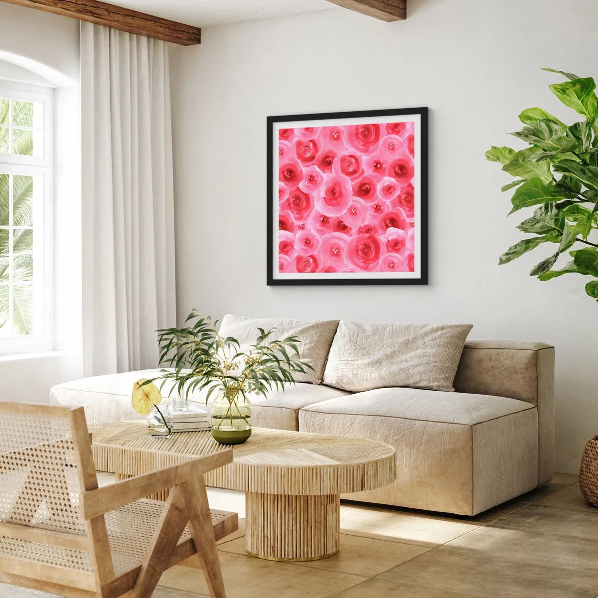 Poster în ramă neagră - Trandafiri de sus în jos - 60x60 cm